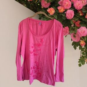 Coral Pink Scoop Neck Long Sleeve Top with Floral Ribbon and Beading